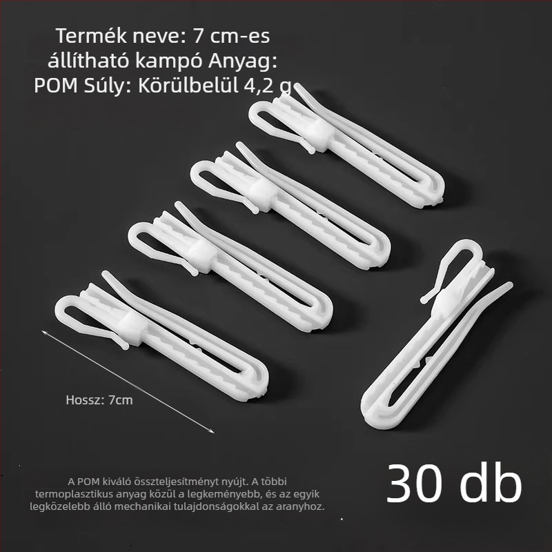 Műanyag függönyakasztó, S-alakú kialakítás, POM anyag, csendes, állítható emelőkampó, teherbírás 0–1 kg