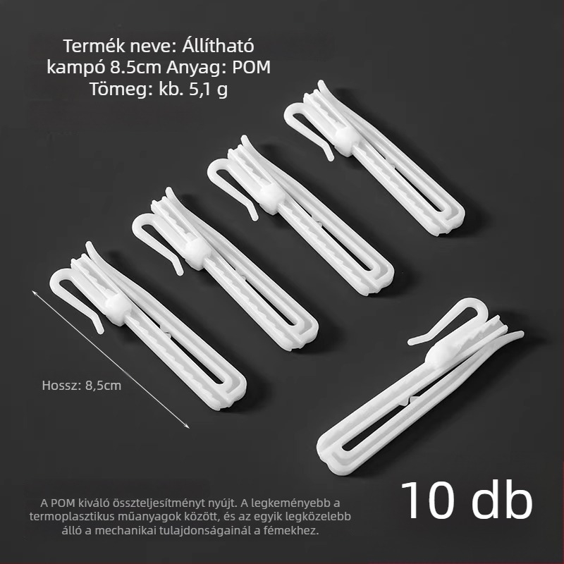 Műanyag függönyakasztó, S-alakú kialakítás, POM anyag, csendes, állítható emelőkampó, teherbírás 0–1 kg