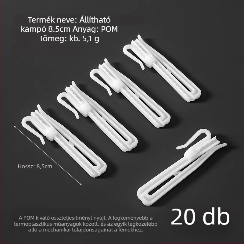 Műanyag függönyakasztó, S-alakú kialakítás, POM anyag, csendes, állítható emelőkampó, teherbírás 0–1 kg