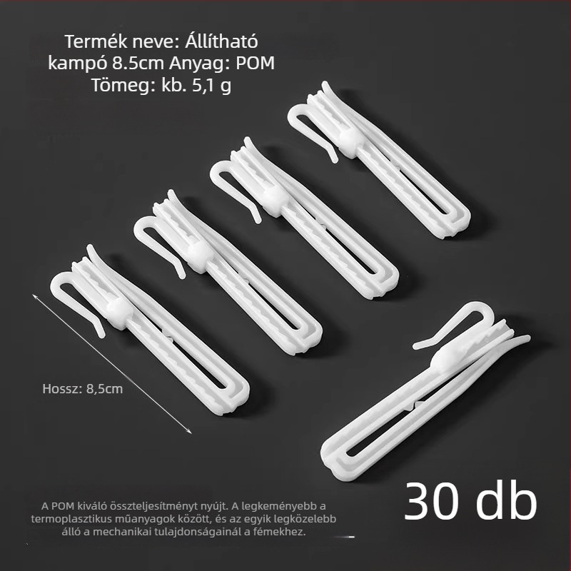 Műanyag függönyakasztó, S-alakú kialakítás, POM anyag, csendes, állítható emelőkampó, teherbírás 0–1 kg