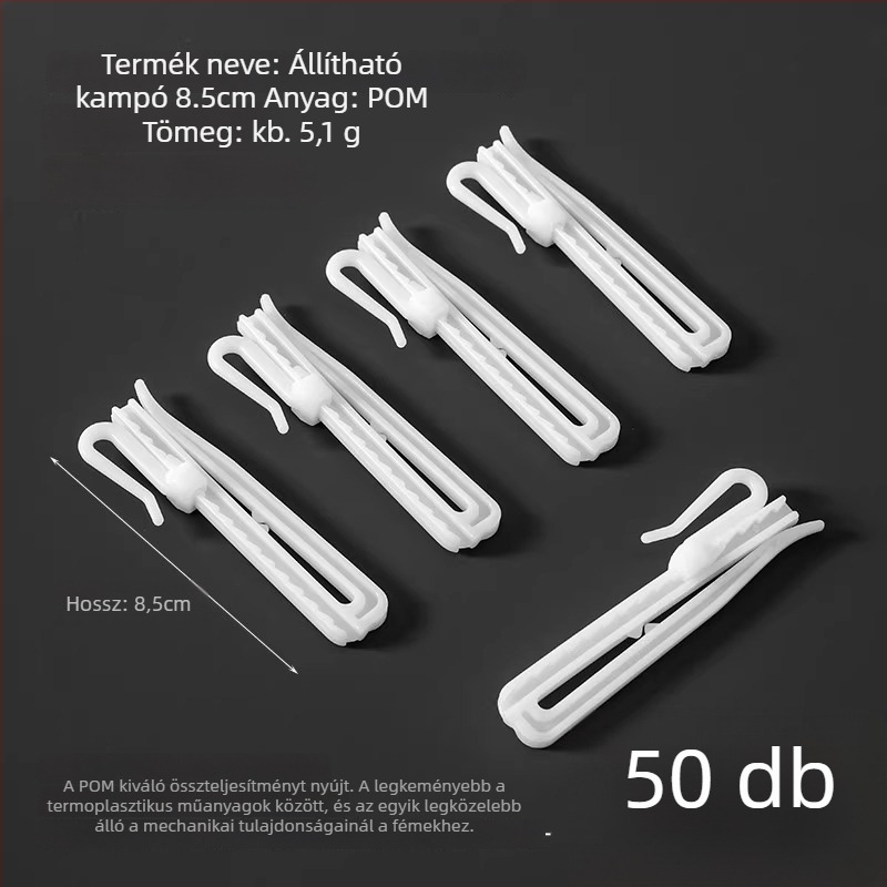 Műanyag függönyakasztó, S-alakú kialakítás, POM anyag, csendes, állítható emelőkampó, teherbírás 0–1 kg