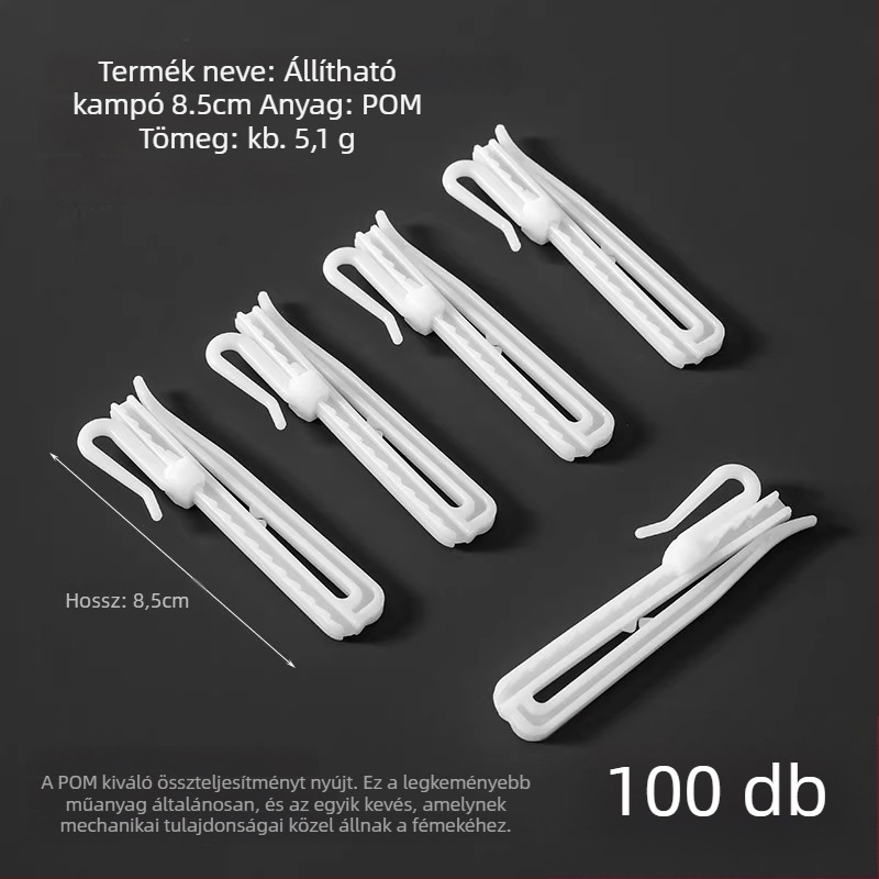 Műanyag függönyakasztó, S-alakú kialakítás, POM anyag, csendes, állítható emelőkampó, teherbírás 0–1 kg