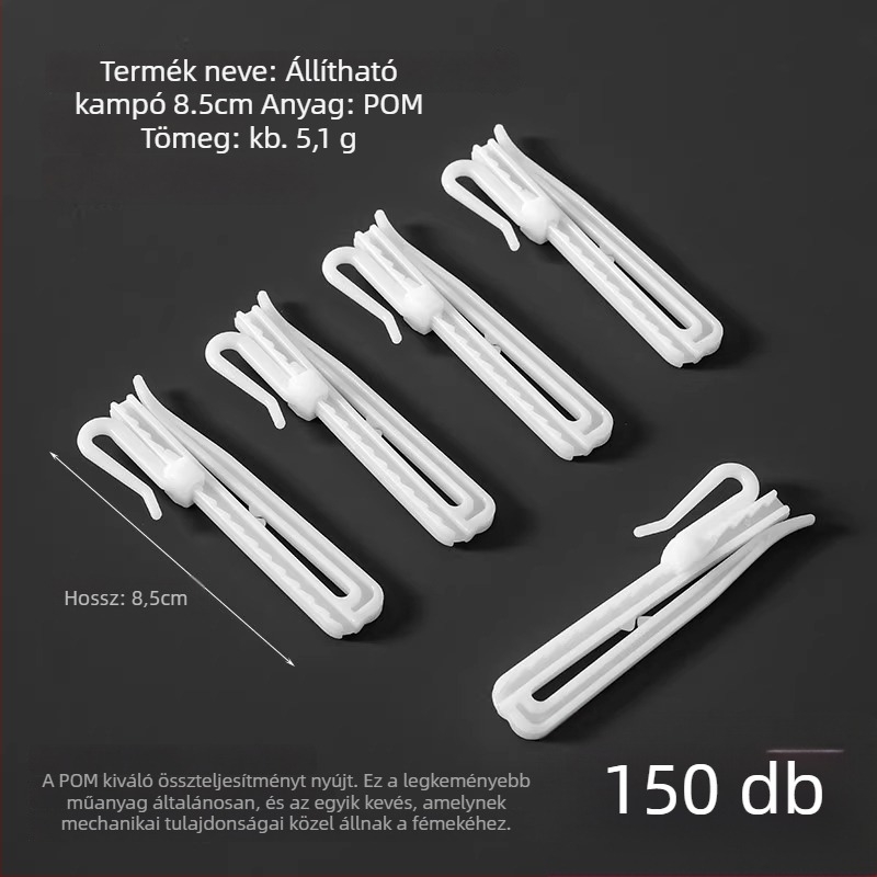 Műanyag függönyakasztó, S-alakú kialakítás, POM anyag, csendes, állítható emelőkampó, teherbírás 0–1 kg