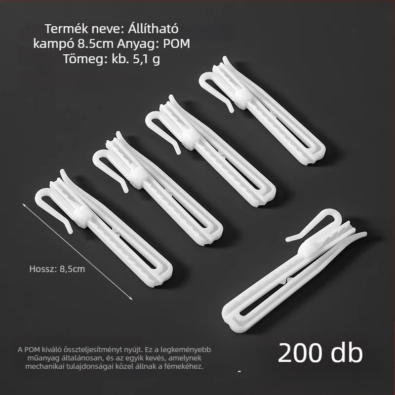 Műanyag függönyakasztó, S-alakú kialakítás, POM anyag, csendes, állítható emelőkampó, teherbírás 0–1 kg