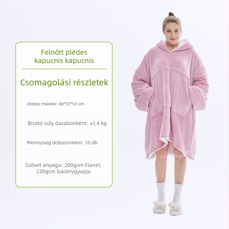 Kapucnis flanel pléd, poliészter, 300–500 g, hosszú ujjú, testreszabás elérhető