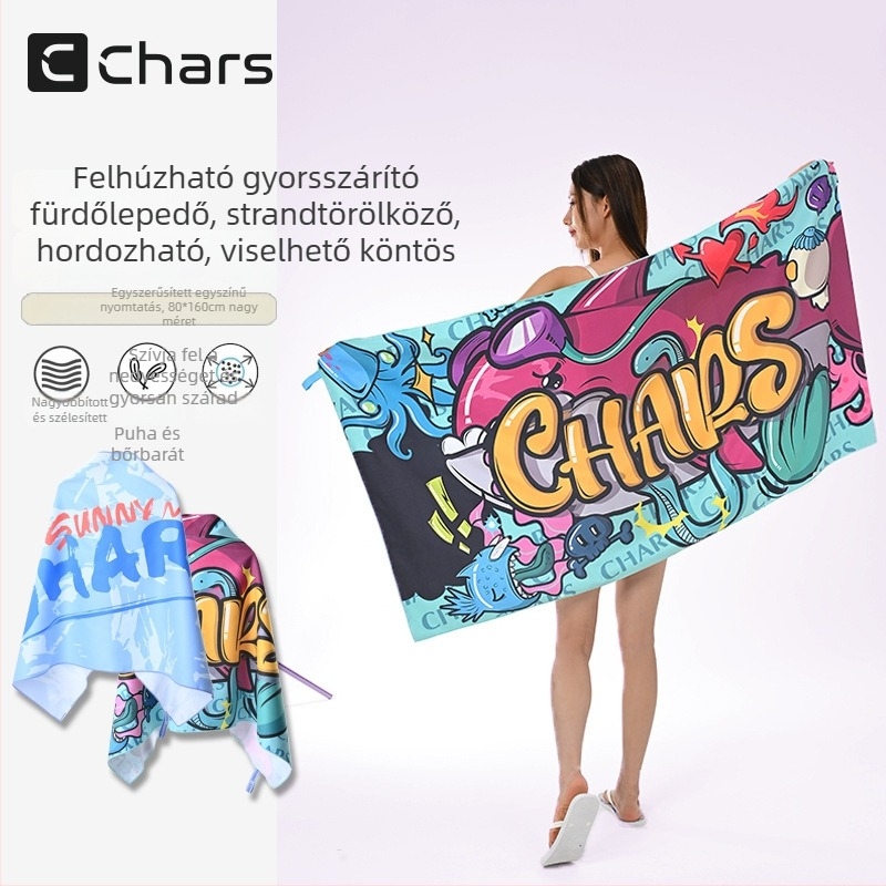 CHARS Mikroszálas gyorsszárító fürdő- és strandtörölköző viselhető köpeny funkcióval, 200–300 g, nyomtatás