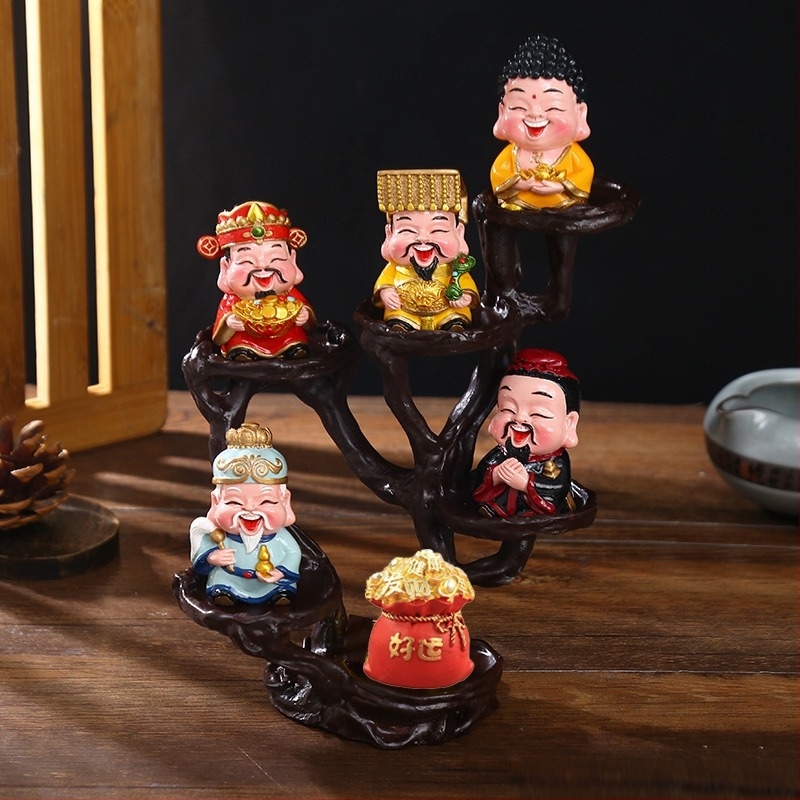 Öt Gazdagság Istene figurája, gyanta anyagú, kínai stílusú, Furdy márka, ideális irodai dekorációhoz, előszoba és üzletnyitási ajándék