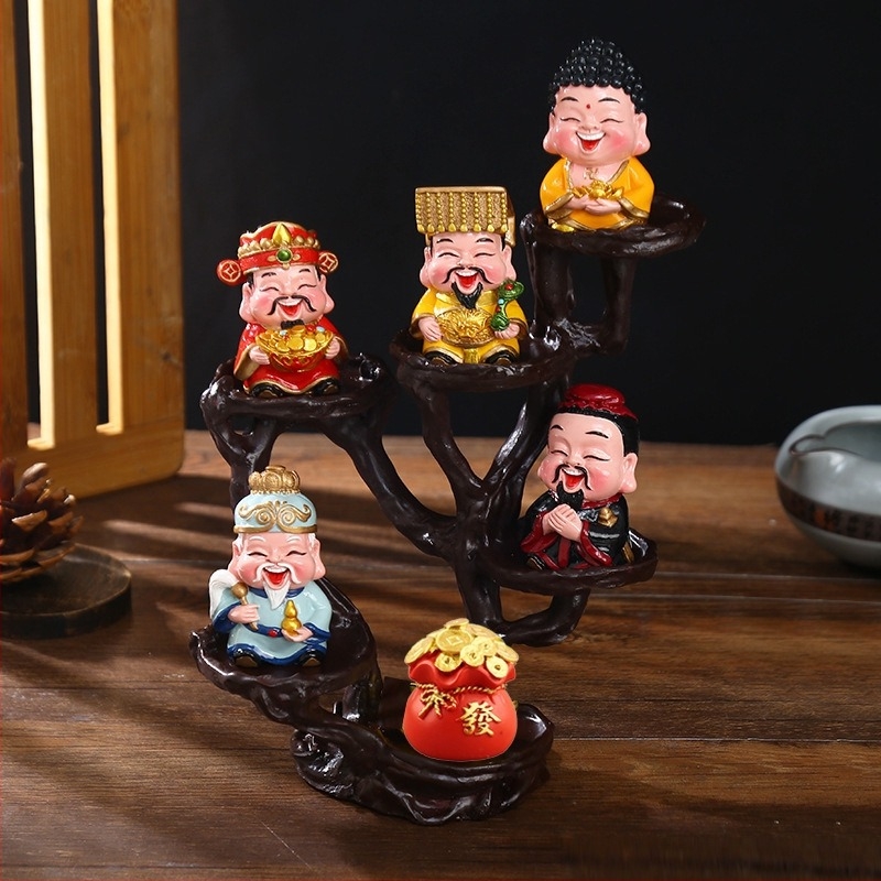 Öt Gazdagság Istene figurája, gyanta anyagú, kínai stílusú, Furdy márka, ideális irodai dekorációhoz, előszoba és üzletnyitási ajándék