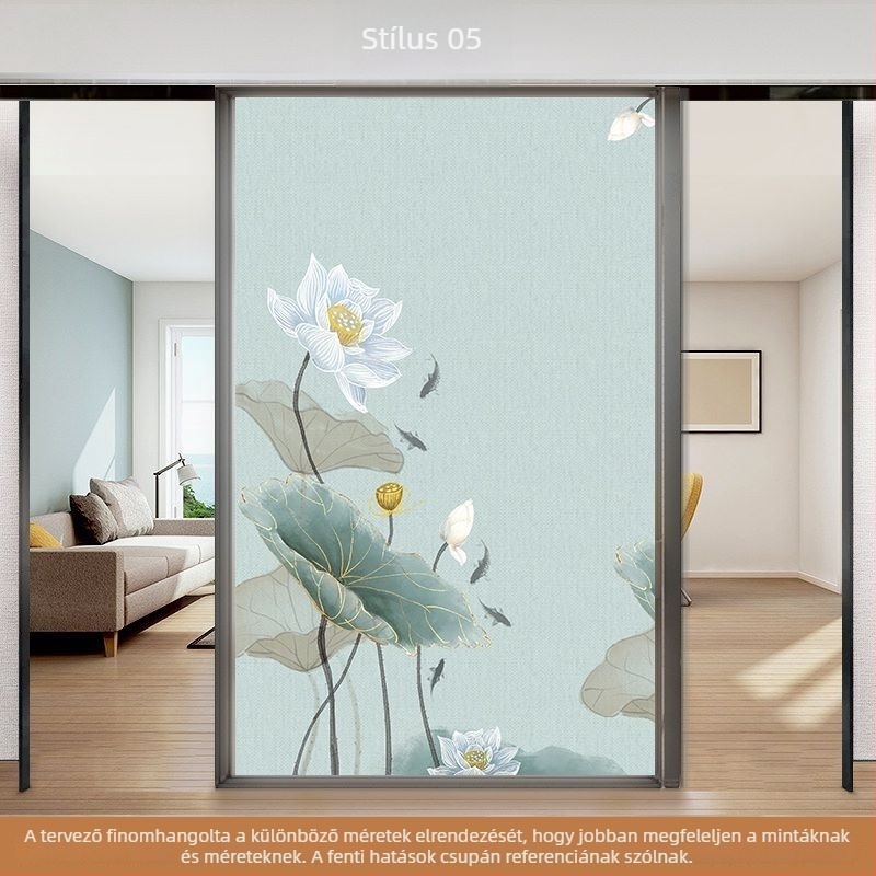 Fagyasztott üveg ablakfólia, lótusz minta, PVC anyag, elektrosztatikus ragasztó, neoklaszikus stílus, nappaliba