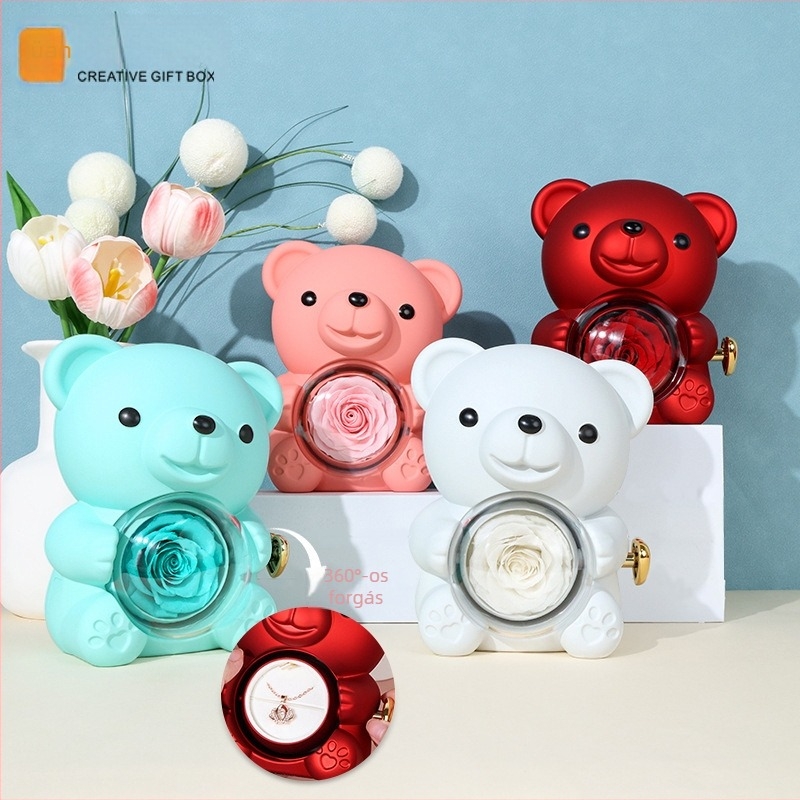 Ölelős maci és rózsa ékszerdoboz gyűrű- és nyaklánctároláshoz, tartós virágos ajándékdoboz, műanyag ékszertartó csomagolás