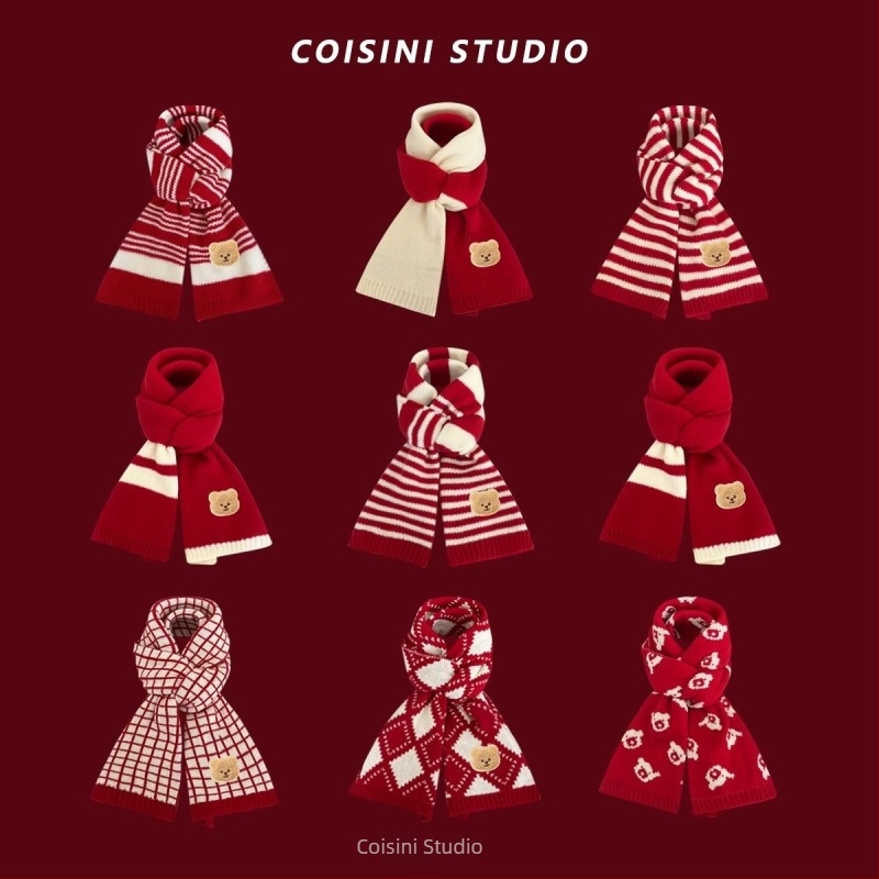 Női téli meleg sál karácsonyi motívummal és családi medve motívummal; warp-kötés, műszálas akril anyag, imitált kasmír