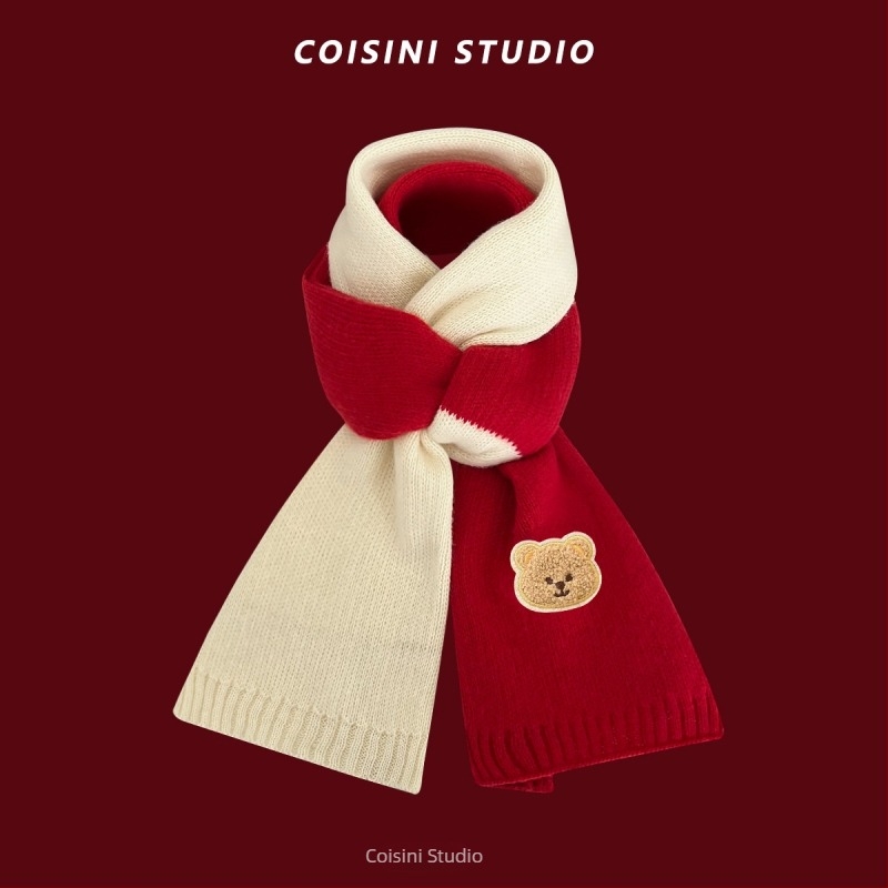 Női téli meleg sál karácsonyi motívummal és családi medve motívummal; warp-kötés, műszálas akril anyag, imitált kasmír