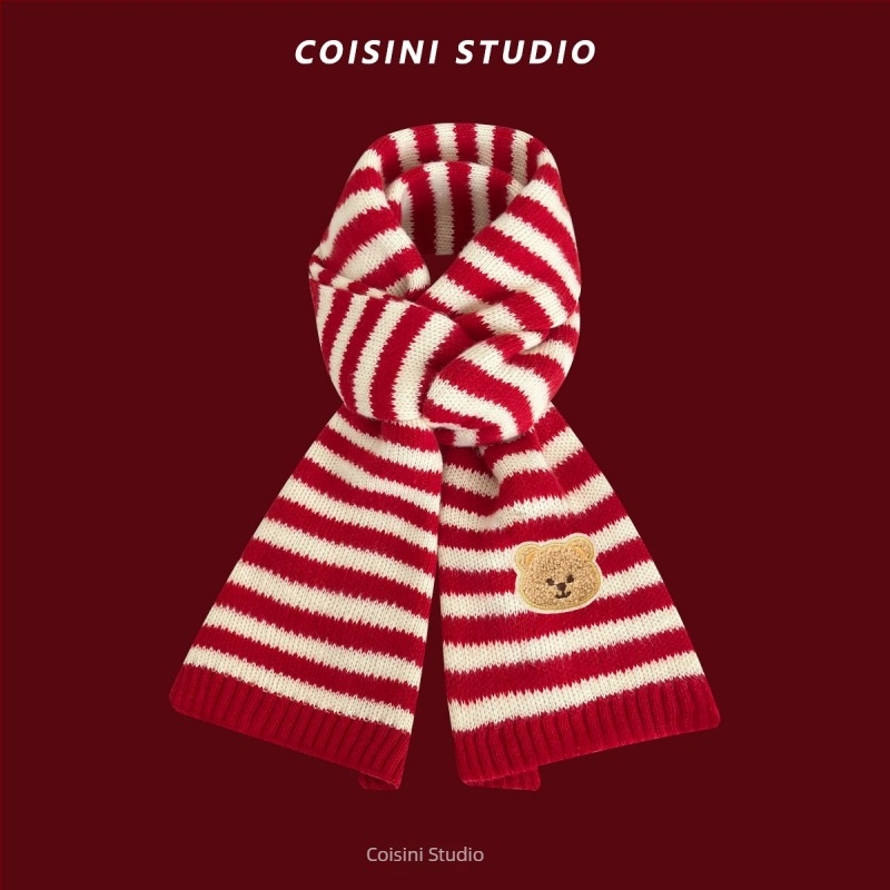 Női téli meleg sál karácsonyi motívummal és családi medve motívummal; warp-kötés, műszálas akril anyag, imitált kasmír