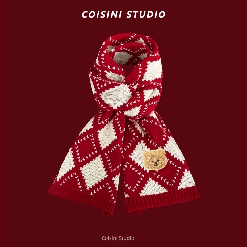 Női téli meleg sál karácsonyi motívummal és családi medve motívummal; warp-kötés, műszálas akril anyag, imitált kasmír