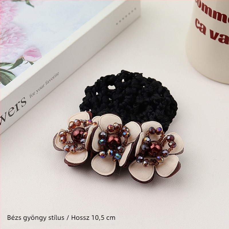 Hajdísz gyöngyház virággal és rugós csíptetővel, textil anyag, minimalist stílus, kézműves, nőknek