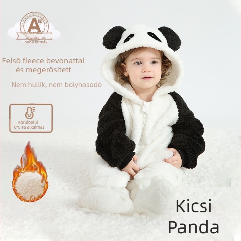 Baba overál Panda motívummal, kapucnis Sherpa plüss anyag, vastag, cipzáras záródás, 1–3 éveseknek (80–100 cm)