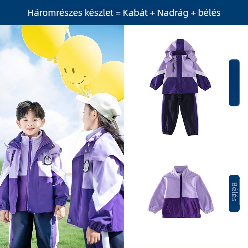 Háromrészes iskolai egyenruha készlet (dzseki + hosszú ujjú felső + nadrág), 100% acetát anyag, uniszex, levehető kapucni, 3–8 év
