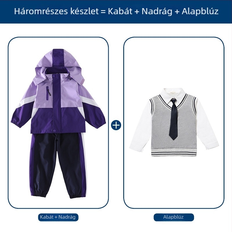 Háromrészes iskolai egyenruha készlet (dzseki + hosszú ujjú felső + nadrág), 100% acetát anyag, uniszex, levehető kapucni, 3–8 év