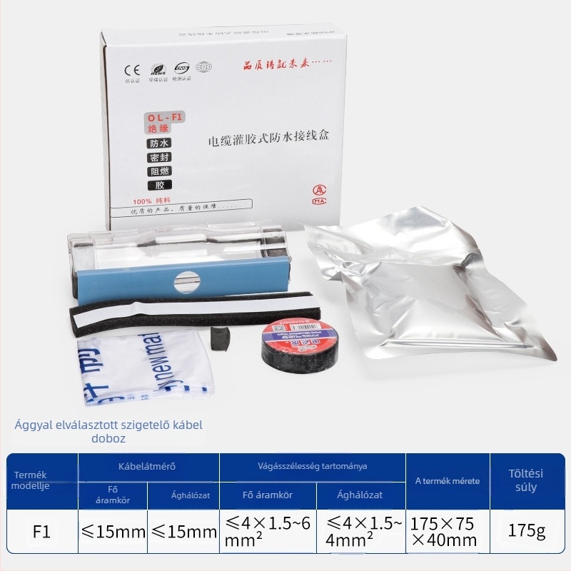 Géltöltésű vízálló csatlakozódoboz külső utcai lámpákhoz, 1 bemenet, 2 kimenet, szigetelt és zárt, fröccsenésvédett