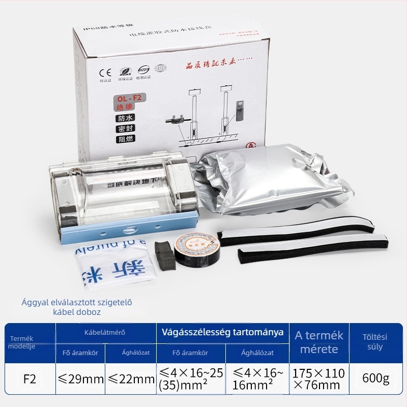 Géltöltésű vízálló csatlakozódoboz külső utcai lámpákhoz, 1 bemenet, 2 kimenet, szigetelt és zárt, fröccsenésvédett