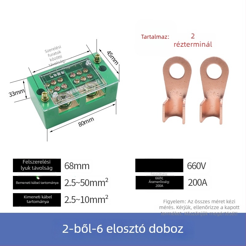 Villamos elosztó doboz, 2 bemenet, 4–16 kimenet, 8 csatoló, terminál blokk