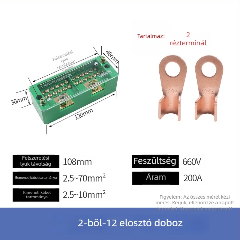 Villamos elosztó doboz, 2 bemenet, 4–16 kimenet, 8 csatoló, terminál blokk