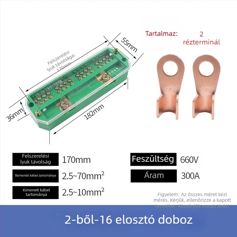 Villamos elosztó doboz, 2 bemenet, 4–16 kimenet, 8 csatoló, terminál blokk