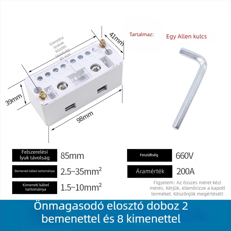 Villamos elosztó doboz, 2 bemenet, 4–16 kimenet, 8 csatoló, terminál blokk