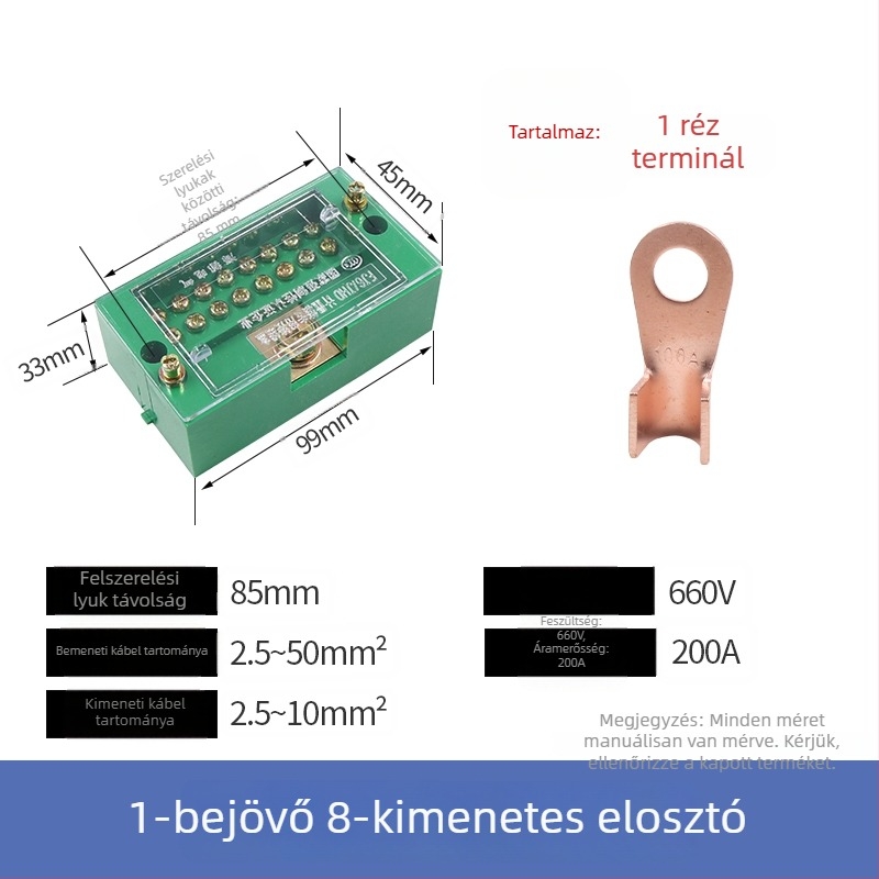 Villamos elosztó doboz, 2 bemenet, 4–16 kimenet, 8 csatoló, terminál blokk