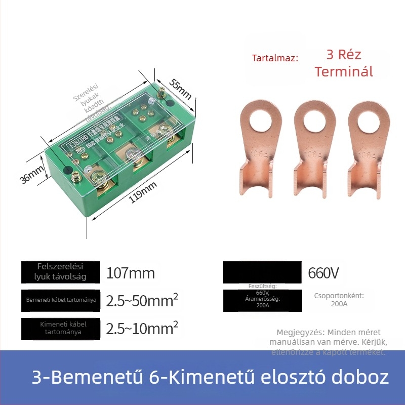 Villamos elosztó doboz, 2 bemenet, 4–16 kimenet, 8 csatoló, terminál blokk