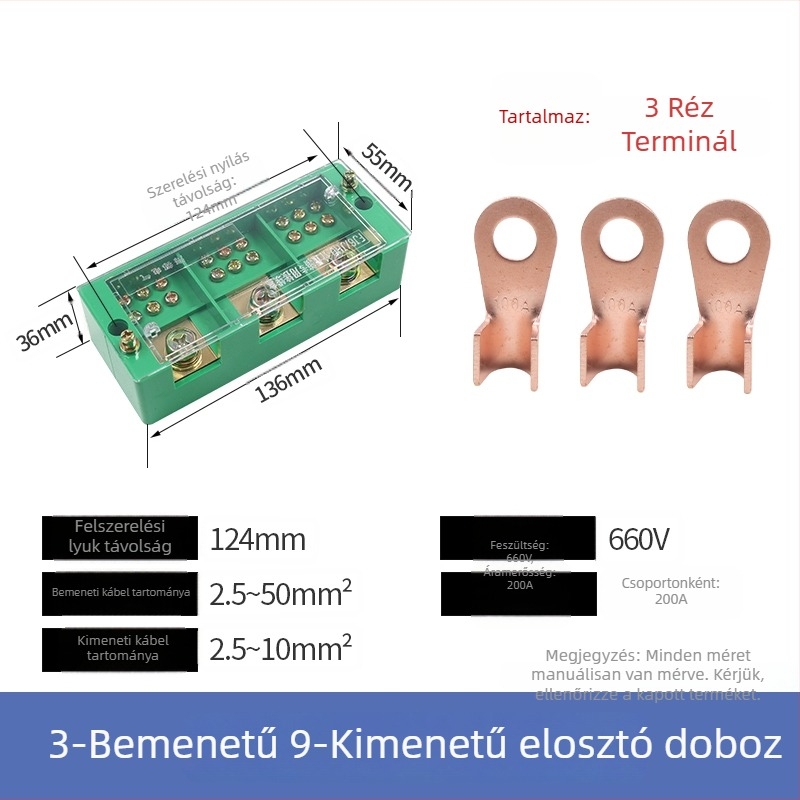 Villamos elosztó doboz, 2 bemenet, 4–16 kimenet, 8 csatoló, terminál blokk