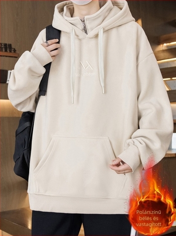 Kapucnis fleece-béléssel ellátott pulóver tiniknek, laza szabás, poliészter anyag, háromdimenziós patch zseb