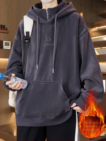 Kapucnis fleece-béléssel ellátott pulóver tiniknek, laza szabás, poliészter anyag, háromdimenziós patch zseb