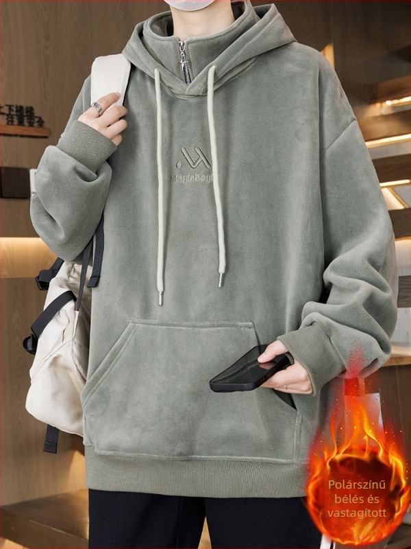 Kapucnis fleece-béléssel ellátott pulóver tiniknek, laza szabás, poliészter anyag, háromdimenziós patch zseb