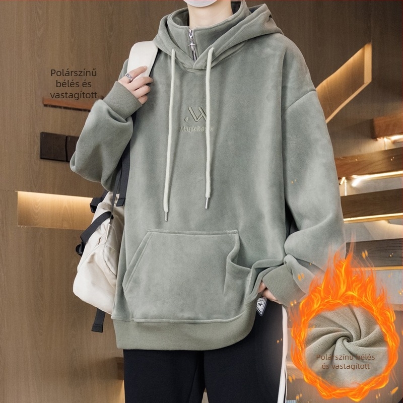 Kapucnis fleece-béléssel ellátott pulóver tiniknek, laza szabás, poliészter anyag, háromdimenziós patch zseb