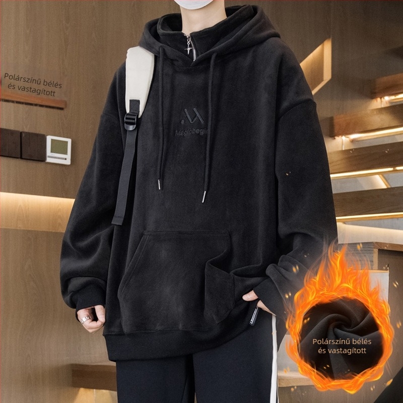 Kapucnis fleece-béléssel ellátott pulóver tiniknek, laza szabás, poliészter anyag, háromdimenziós patch zseb