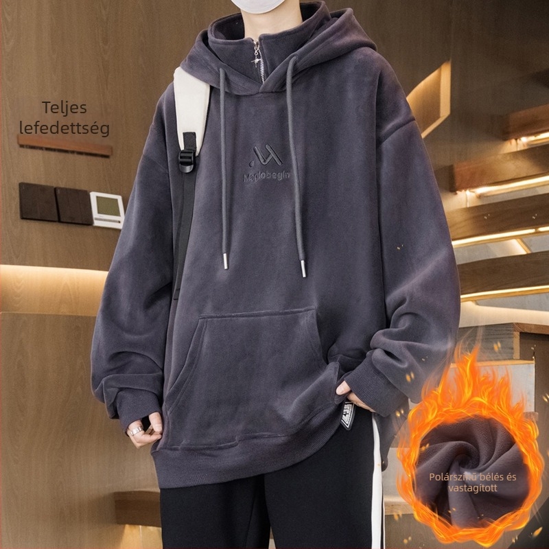 Kapucnis fleece-béléssel ellátott pulóver tiniknek, laza szabás, poliészter anyag, háromdimenziós patch zseb