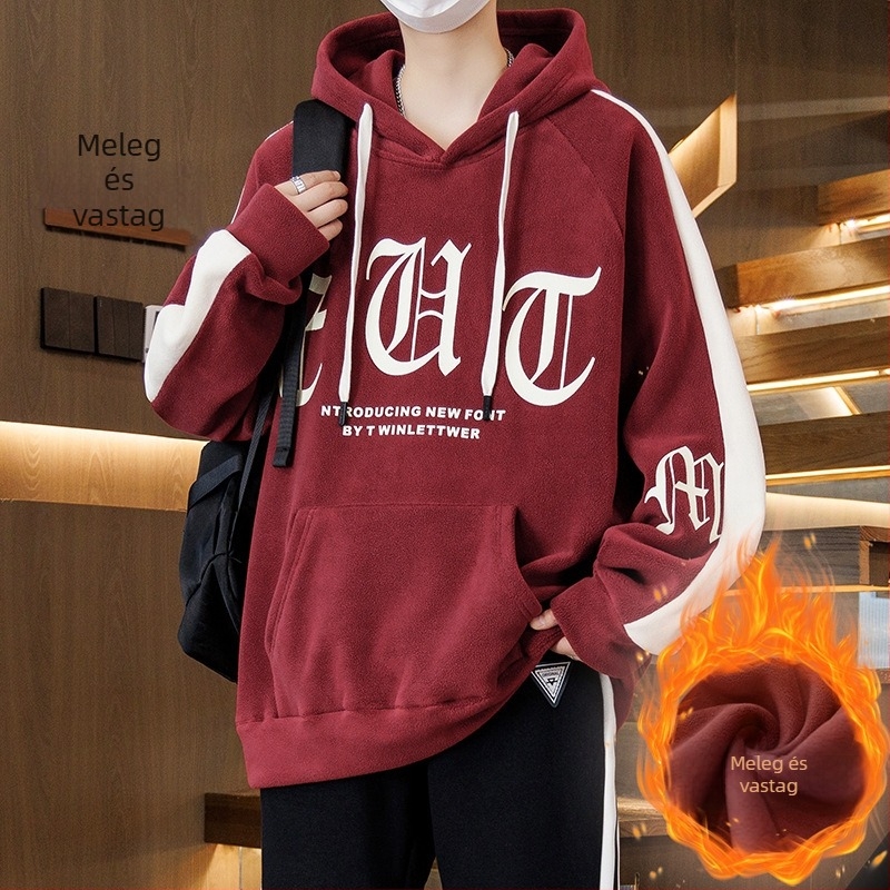 Kapucnis fleece-béléssel ellátott pulóver tiniknek, laza szabás, poliészter anyag, háromdimenziós patch zseb