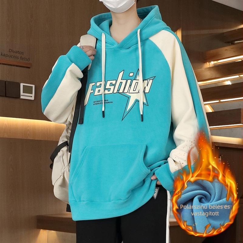 Kapucnis fleece-béléssel ellátott pulóver tiniknek, laza szabás, poliészter anyag, háromdimenziós patch zseb