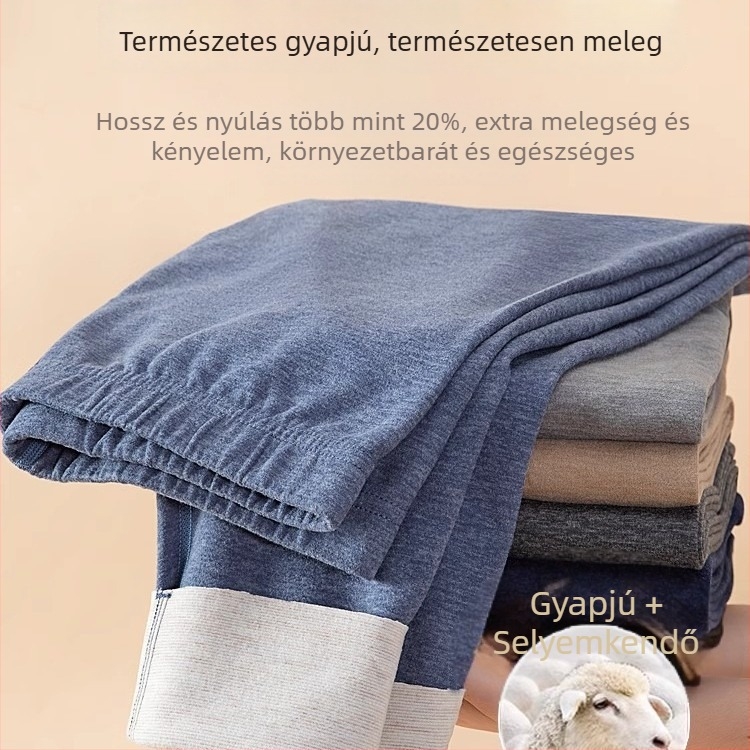 Férfiaknak szóló gyapjú termosz nadrág, hosszú, varrat nélküli, velúr béléssel, gyapjú tartalom 30–50%