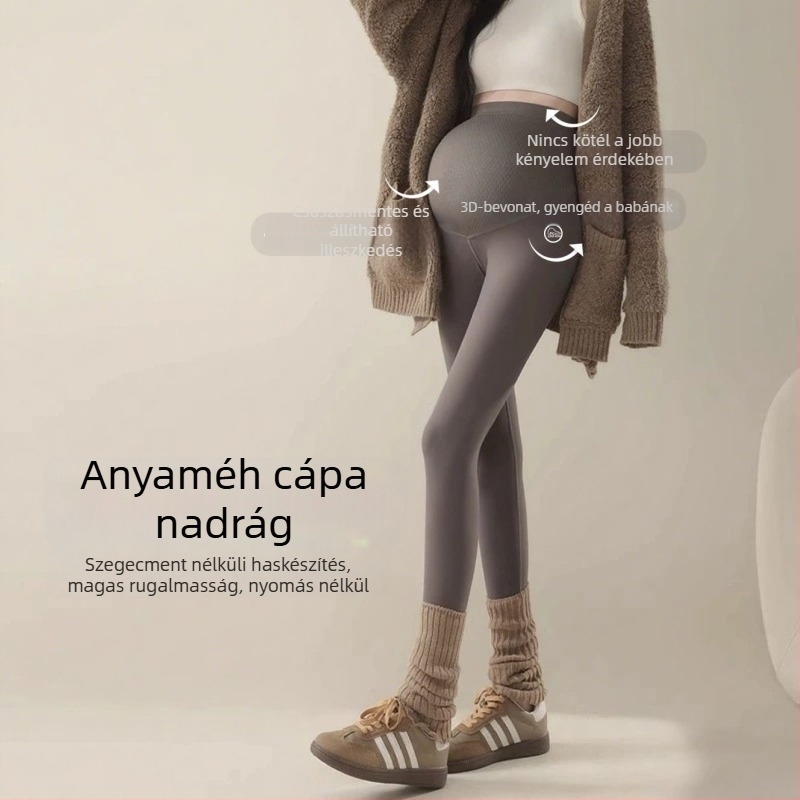 Anyasági jóga nadrág meleg fleece belsővel, pocak-támogatás, chenille anyag 30–50% spandex keverékkel, laza szabás, őszi-téli