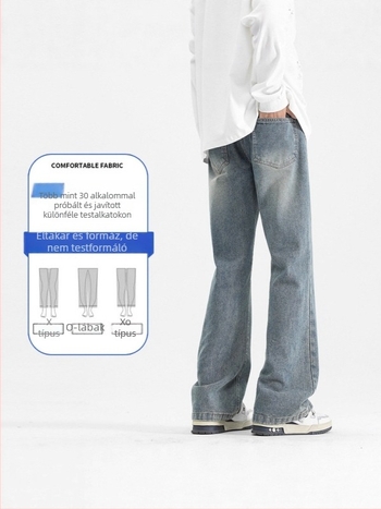 Fekete férfi denimnadrág enyhe bootcut szabással, mindennapi viselet, hosszú nadrág tavasz–őszre, prémium amerikai stílus, sokoldalú.