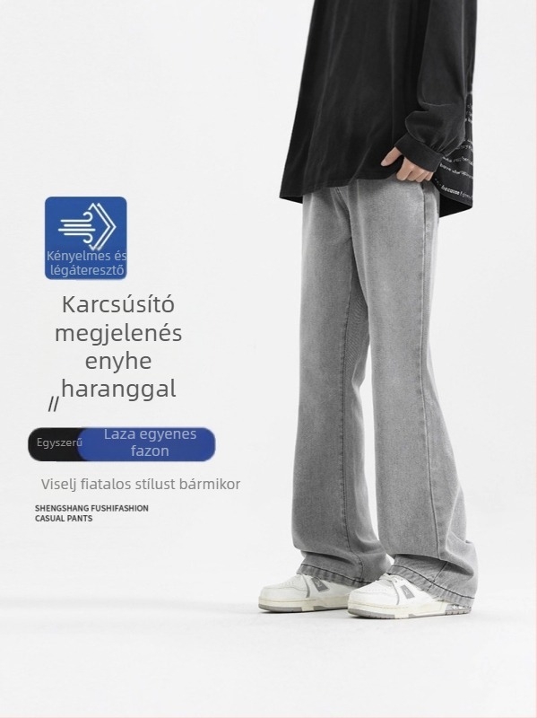Fekete férfi denimnadrág enyhe bootcut szabással, mindennapi viselet, hosszú nadrág tavasz–őszre, prémium amerikai stílus, sokoldalú.