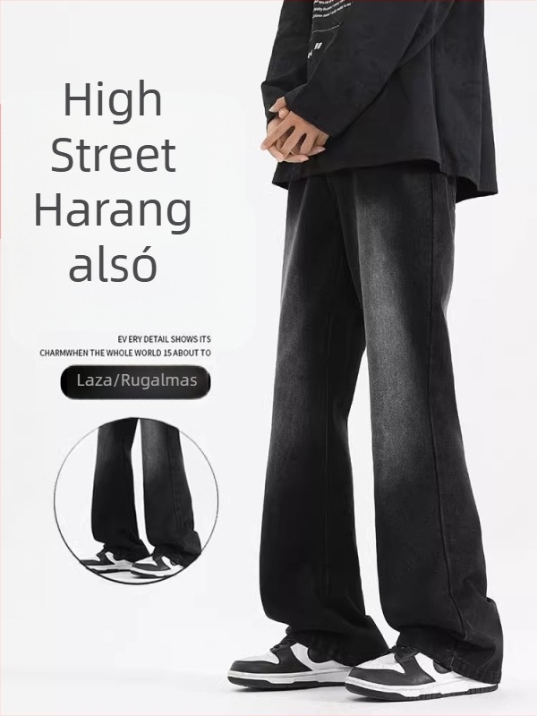 Fekete férfi denimnadrág enyhe bootcut szabással, mindennapi viselet, hosszú nadrág tavasz–őszre, prémium amerikai stílus, sokoldalú.