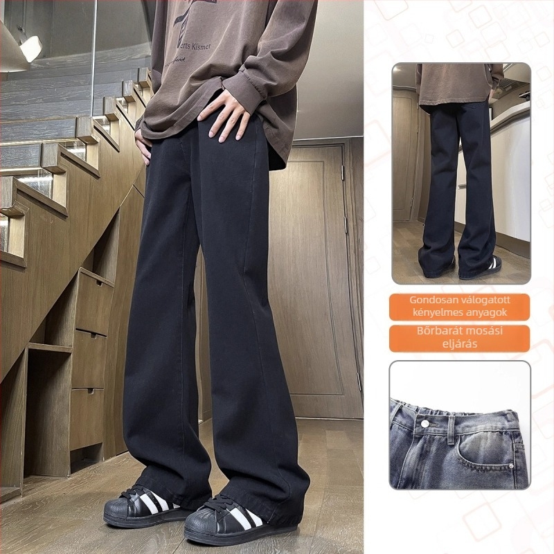 Fekete férfi denimnadrág enyhe bootcut szabással, mindennapi viselet, hosszú nadrág tavasz–őszre, prémium amerikai stílus, sokoldalú.
