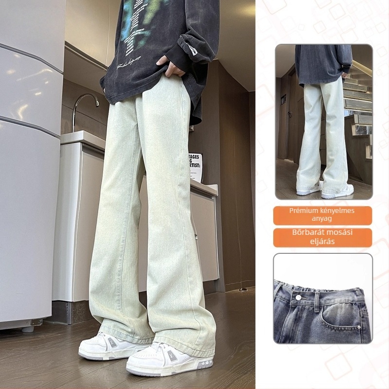 Fekete férfi denimnadrág enyhe bootcut szabással, mindennapi viselet, hosszú nadrág tavasz–őszre, prémium amerikai stílus, sokoldalú.