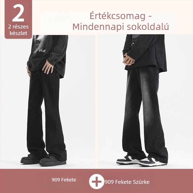 Fekete férfi denimnadrág enyhe bootcut szabással, mindennapi viselet, hosszú nadrág tavasz–őszre, prémium amerikai stílus, sokoldalú.