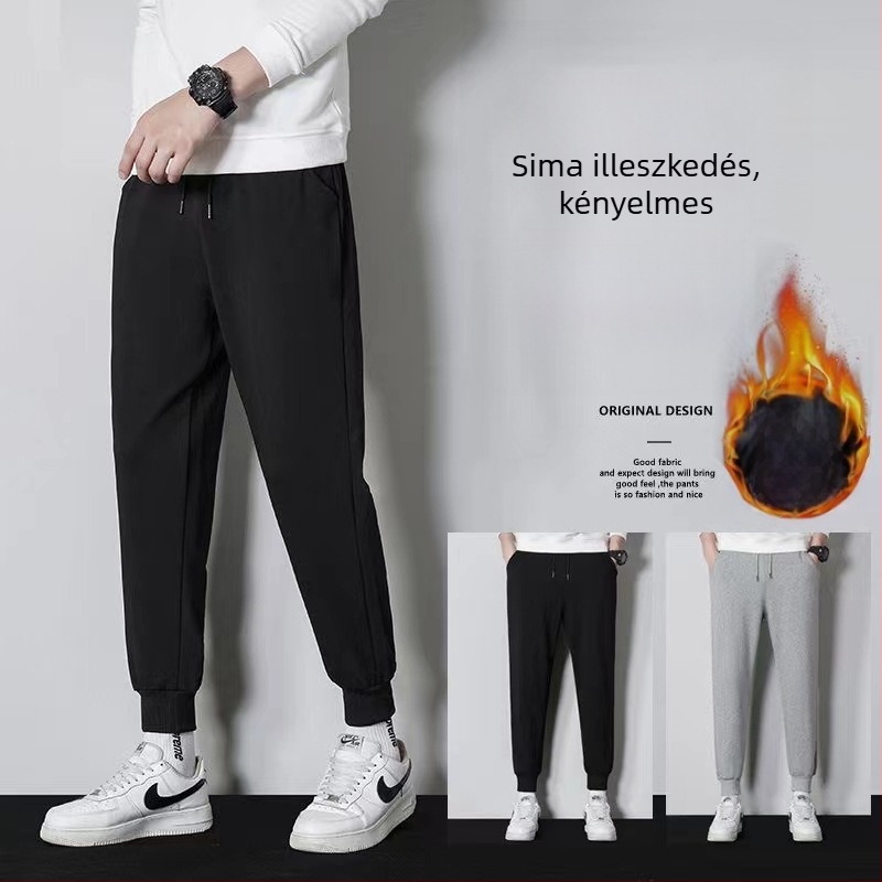 Férfiak polár belsővel ellátott casual nadrág, koreai stílusú harém, lazán szabott, egyenes szabás, téli szezonra (polyester, fleece, mid-waist, tether closure)