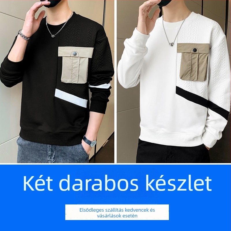 Férfi kapucnis pulóver, hosszú ujjak, kerek nyak, laza szabás, tavaszi modell