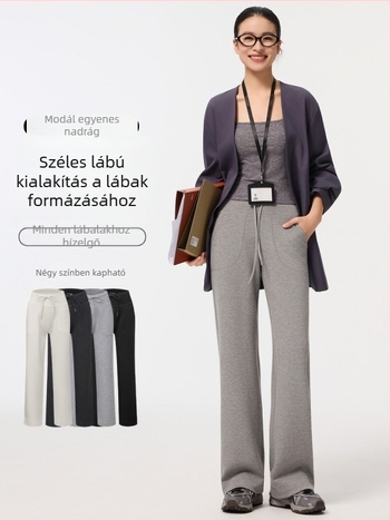 Modal anyagú, lélegző rétegű, magas derekú, egyenes szabású nadrág húzózsinórral, sportos, széles szárú, laza fazon, nőknek